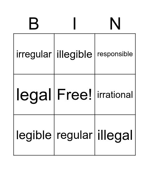 Prefix: il- and ir- mean "not" Bingo Card