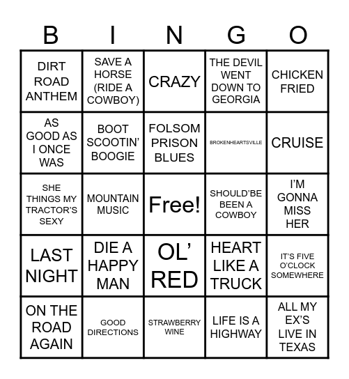 Summit Events Country Music Bingo Card