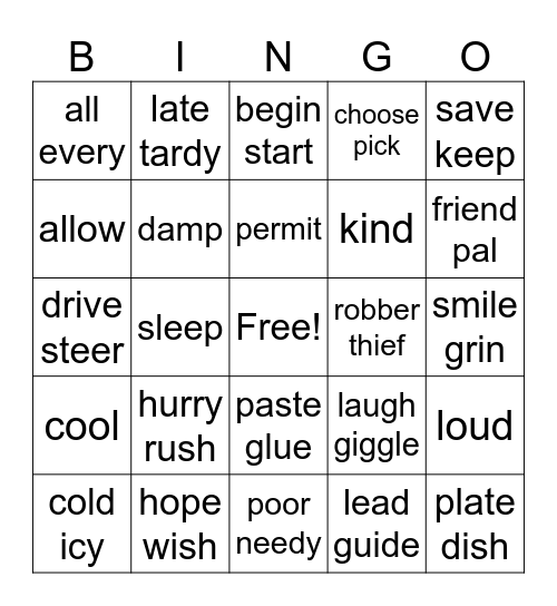 Synonyms Bingo Card