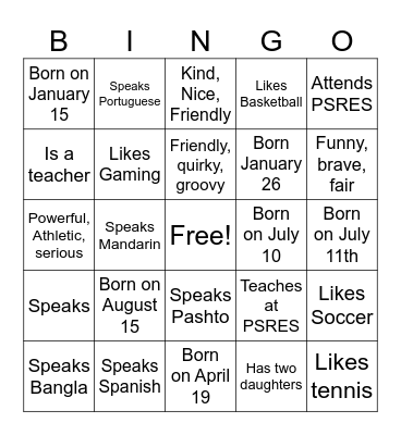 4th Grade Bingo Card