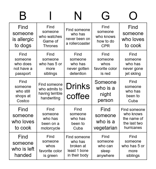 GET TO KNOW YOU Bingo Card