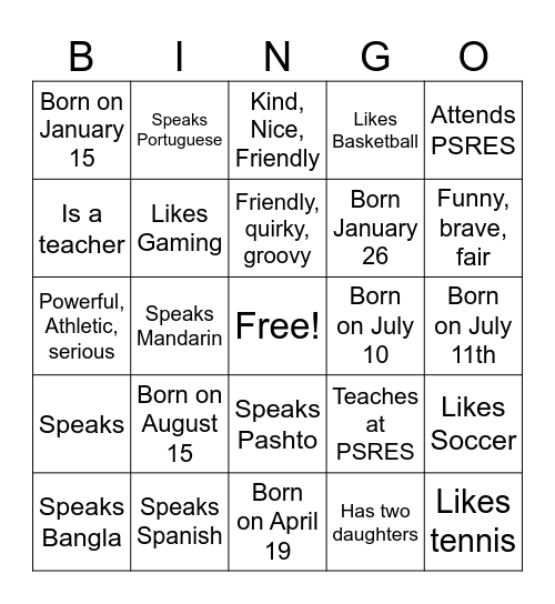 4th Grade Bingo Card