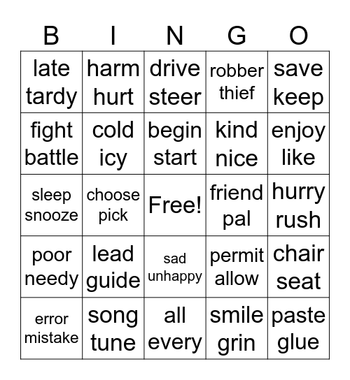 Synonyms Bingo Card