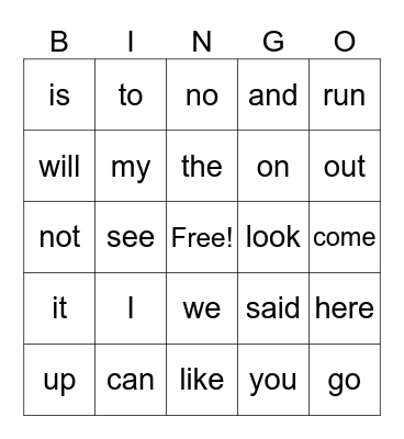 Sight Words Bingo Card