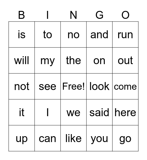 Sight Words Bingo Card
