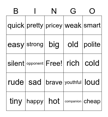 English Bingo Card