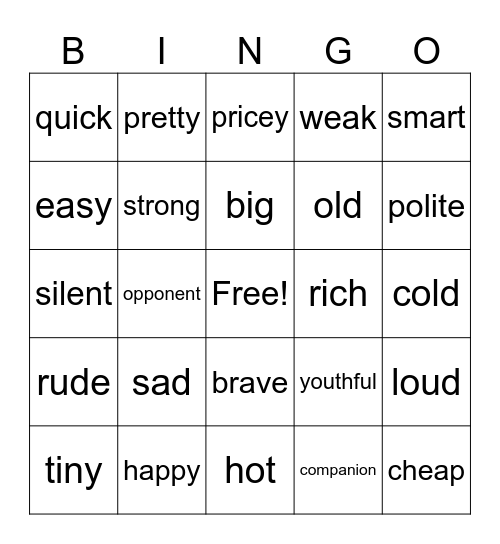 English Bingo Card