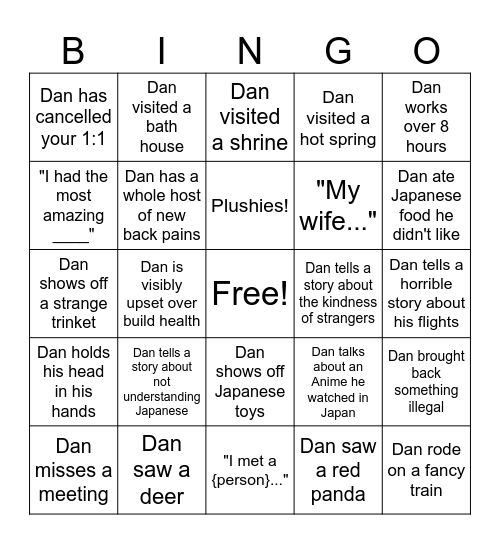 First Week of Dan returning from Japan Bingo Card