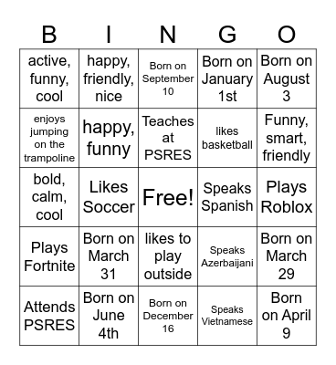 PSRES 3rd Grade Bingo Card