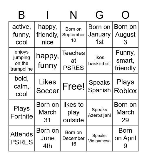 PSRES 3rd Grade Bingo Card