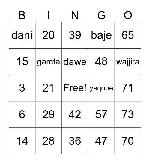 Number Bingo 1-75 Bingo Card