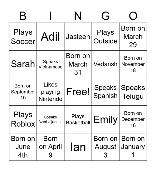 PSRES 3rd Grade Bingo Card