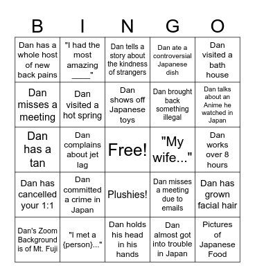 First Week of Dan returning from Japan Bingo Card