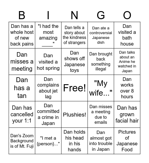 First Week of Dan returning from Japan Bingo Card