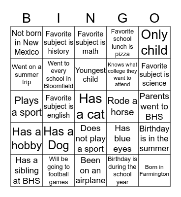 Freshmen  Bingo Card
