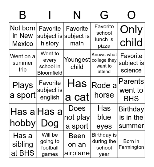 Freshmen  Bingo Card