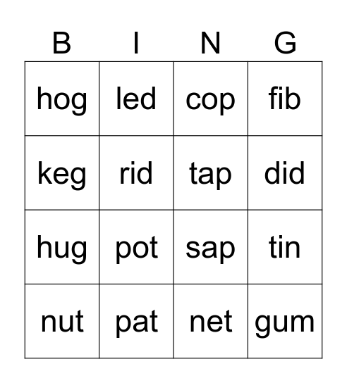 CVC Word BINGO #1 Bingo Card