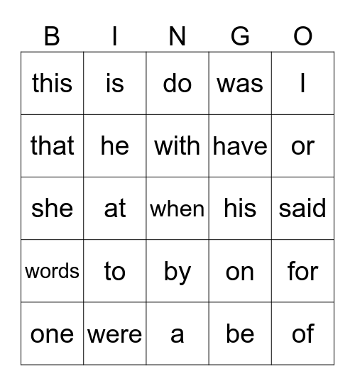 Mrs. Kibby Bingo Card