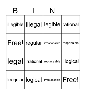 Prefix: il- and ir- mean "not" Bingo Card