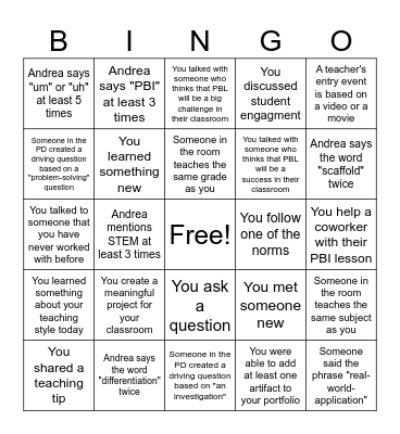 Project-Based Learning Bingo Card