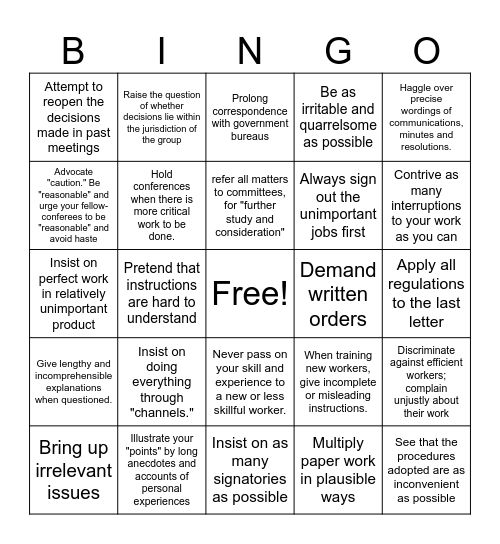 Corporate Sabotage Bingo Card