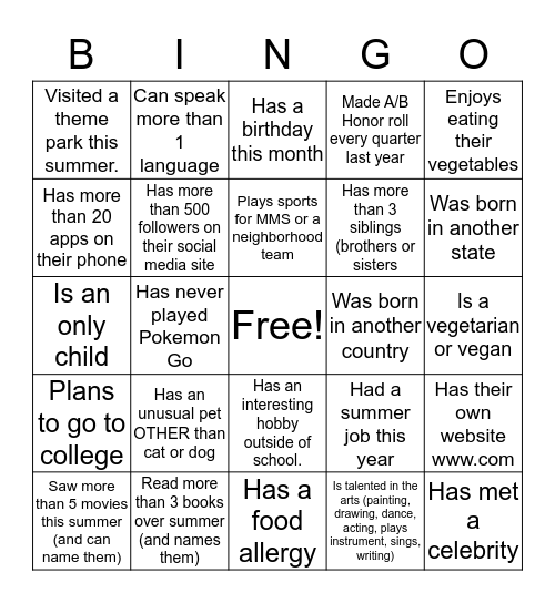 Meet and Greet Bingo  Bingo Card