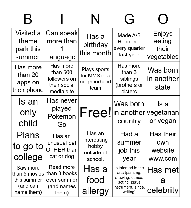 Meet and Greet Bingo Bingo Card
