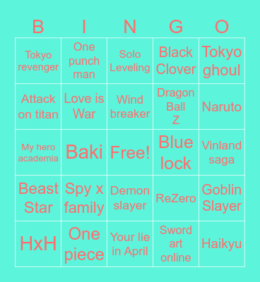 Anime Bingo Card