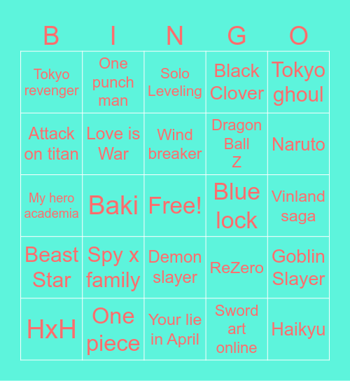 Anime Bingo Card