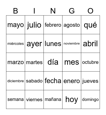 dias de la semana, meses Bingo Card