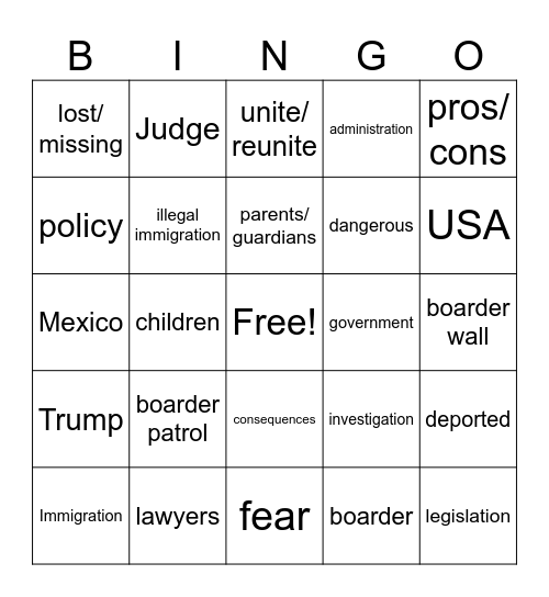 Immigration Bingo Card