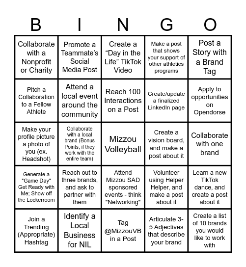 Mizzou Volleyball NIL Initiative Bingo Card