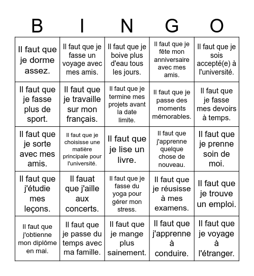 Bucket List Bingo Card