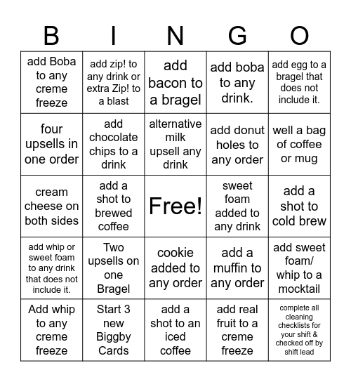 Biggby 1085 Bingo Card