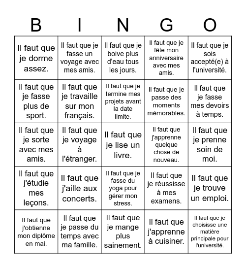 Bucket List Bingo Card