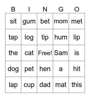 Short Vowels Bingo Card