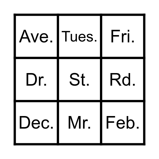 Abbreviations Bingo Card