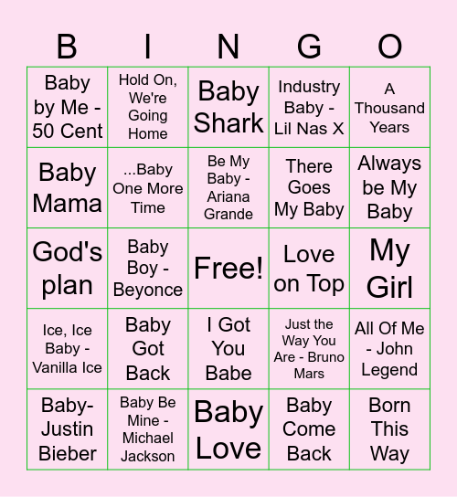 Baby Music Bingo Card