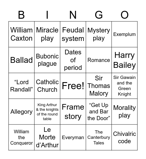 Middle Ages Literature Bingo Card