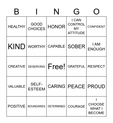 Self-Esteem Bingo Card