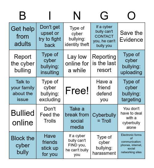 Cyberbullying Bingo Card