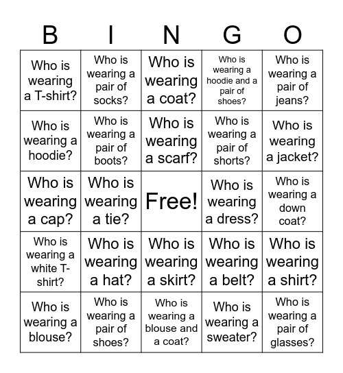 Clothes Bingo Card