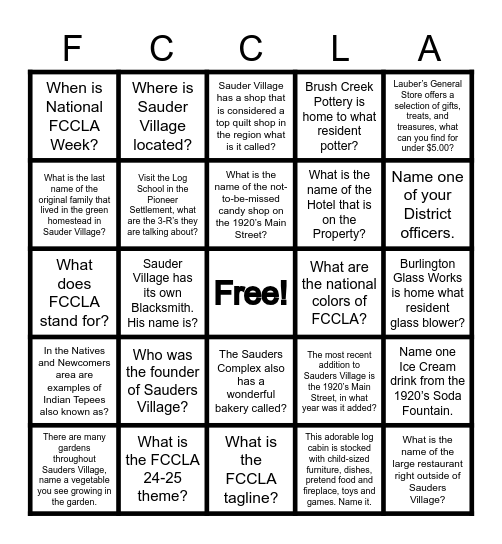 FCCLA FALL RALLY BINGO Card