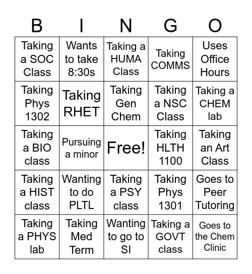 Class Bingo Card