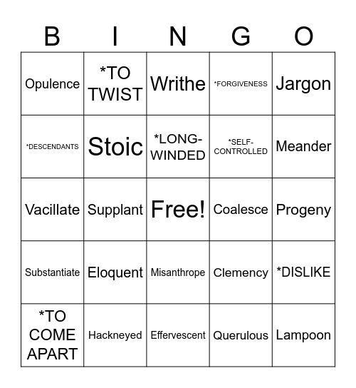 English 12 Vocab Review Bingo Card