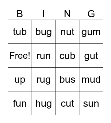 Short u Bingo Card