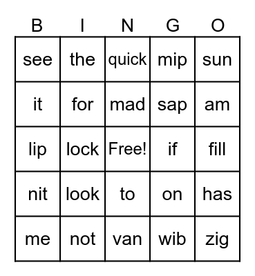 CVC Words/Sight Words Bingo Card