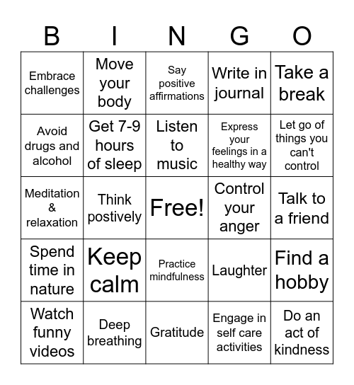 Stress Management Bingo Card