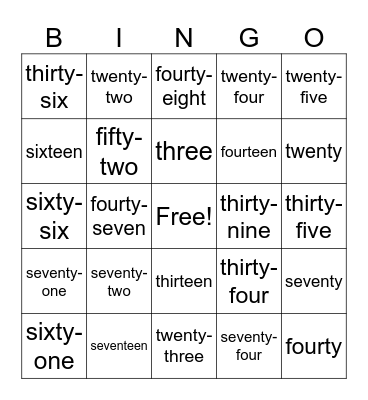 Number Words Bingo Card