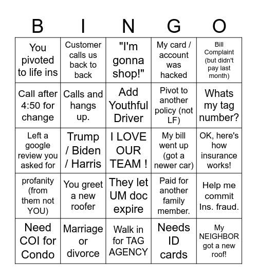 State Farm Bingo Card